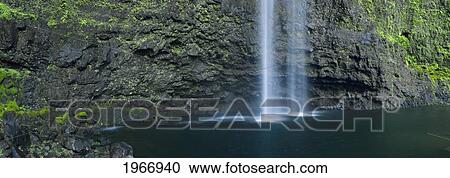 Stock Image - Hawaii, Kauai, Napali Coast, Hanakapiai Falls Surrounded By Lush Greenery. Fotosearch