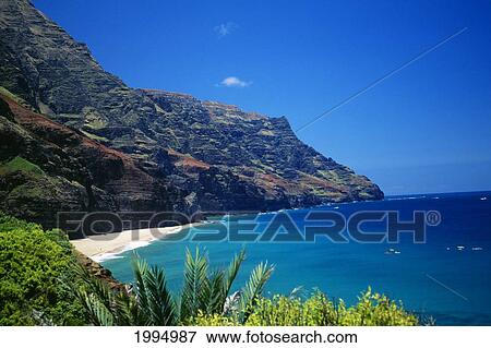 Stock Photo - Hawaii, Kauai, Napali Coast, Kalalau Beach And Coastline, Blue Skies And Water, Kayaks. Fotosearch