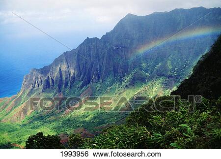 Stock Photograph - Hawaii, Kauai, Napali Coast, Kokee State Park, Kalalau Valley Viewpoint With Rainbow. Fotosearch