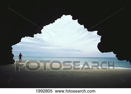 Stock Photography - Hawaii, Kauai, Napali Coast, Person Standing On Beach, View From Cavern.. Fotosearch