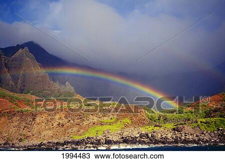 Stock Image - Hawaii, Kauai, Napali Coast, Rainbow Over The Coastline. Fotosearch