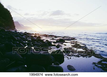 Picture - Hawaii, Kauai, Napali Coast Rocky Shoreline At Sunset. Fotosearch