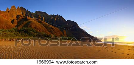 Hawaii, Kauai, Napali Kalalau Beach At Sunset With View Of Dramatic Beach. View Large Photo Image Picture - Hawaii, Kauai, Napali Kalalau Beach At Sunset With View Of Dramatic Beach.. Fotosearch