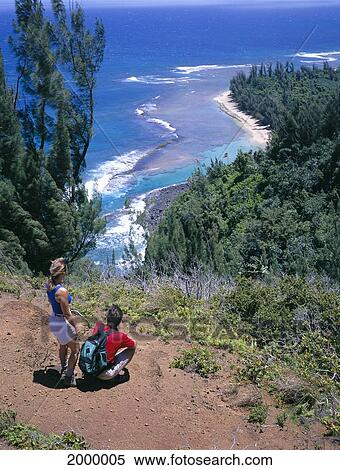 Hawaii, Kauai, North Shore, Couple At Overlook To Ke'e Beach, View From Above Angle View Large Photo Image Stock Photography - Hawaii, Kauai, North Shore, Couple At Overlook To Ke'e Beach, View From Above Angle. Fotosearch