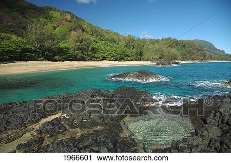 Stock Image - Hawaii, Kauai, North Shore, Haena, Tidepool Along Rocky Area Of Small Lumahai Beach.. Fotosearch