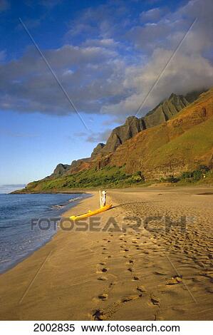 Hawaii, Kauai, North Shore, Na Pali Coast, Kayaker On Kalalau Beach View Large Photo Image Stock Photography - Hawaii, Kauai, North Shore, Na Pali Coast, Kayaker On Kalalau Beach. Fotosearch