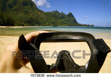 Hawaii, Kauai, North Shore, Tunnels Beach, Bali Hai Point With Goggles In The Foreground. View Large Photo Image Stock Photograph - Hawaii, Kauai, North Shore, Tunnels Beach, Bali Hai Point With Goggles In The Foreground.. Fotosearch