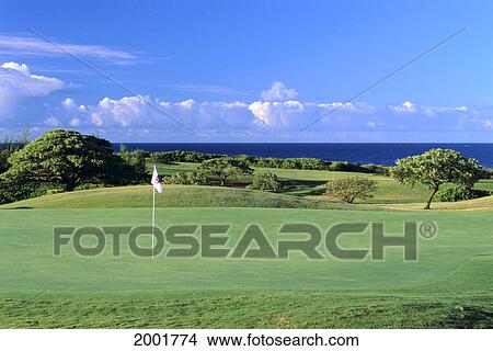 Hawaii, Kauai, Poipu Bay Golf Course, Green With Flag, Ocean, Blue Sky View Large Photo Image Picture - Hawaii, Kauai, Poipu Bay Golf Course, Green With Flag, Ocean, Blue Sky. Fotosearch