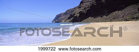 Hawaii, Kauai, Polihale Beach Panoramic View With Few Visitors Sunbathing Distance C1544 View Large Photo Image Stock Image - Hawaii, Kauai, Polihale Beach Panoramic View With Few Visitors Sunbathing Distance C1544. Fotosearch