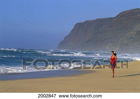 Hawaii, Kauai, Polihale Beach, Woman Walks Along Shore, Waves Roll In, Misty View Large Photo Image Stock Photo - Hawaii, Kauai, Polihale Beach, Woman Walks Along Shore, Waves Roll In, Misty. Fotosearch