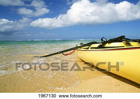Hawaii, Kauai, Tunnel's Beach, Yellow Kayak Along Seashore. View Large Photo Image Stock Image - Hawaii, Kauai, Tunnel's Beach, Yellow Kayak Along Seashore.. Fotosearch