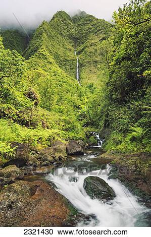 Stock Image - Hawaii, Kauai, Wailua, Beautiful Waterfall And Lush Jungle Stream. Fotosearch
