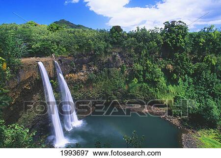 Stock Photo - Hawaii, Kauai, Wailua Falls, 80 Foot High Waterfall Cascading Into Deep Pool.. Fotosearch