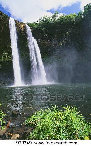 Hawaii, Kauai, Wailua State Park, Three Waterfalls Empty Into Same Pool View Large Photo Image Stock Photo - Hawaii, Kauai, Wailua State Park, Three Waterfalls Empty Into Same Pool. Fotosearch