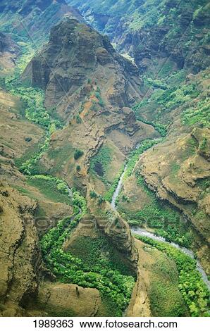 Stock Image - Hawaii, Kauai, Waimea Canyon, Aerial Veiw Of Hills And Valleys.. Fotosearch
