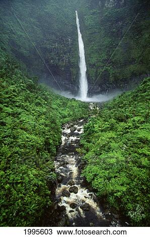 Hawaii, Kauai, Waterfall Flowing Into Base, Rushing Stream In Foreground, Lush Green Surroundings View Large Photo Image Stock Image - Hawaii, Kauai, Waterfall Flowing Into Base, Rushing Stream In Foreground, Lush Green Surroundings. Fotosearch