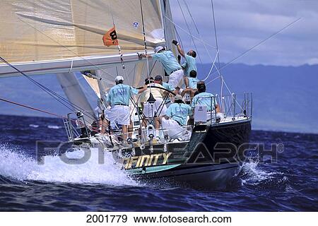 Stock Photo - Hawaii, Kenwood Cup '96, Stern Of Infinity, Crew In Action. Fotosearch