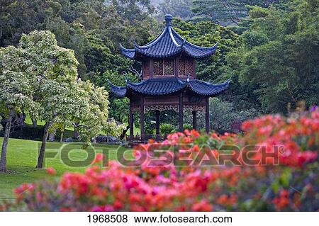 Stock Photo - Hawaii, Lanai, Classic Japanese Pagoda On The Ground Of The Four Seanson's Koele Resort.. Fotosearch