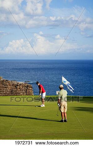 Stock Image - Hawaii, Lanai, Couple Putting On The Green At The Challenge At Manele Golf Course.. Fotosearch