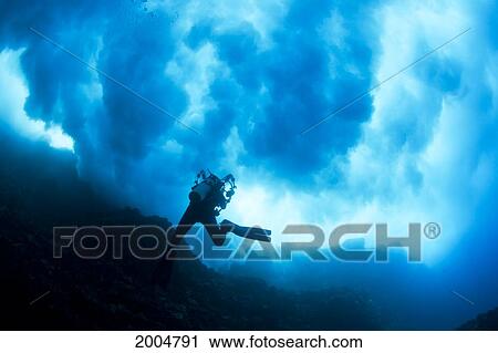 Hawaii, Lanai, Diver Near Cathedral Underneath A Billowing Wave. View Large Photo Image Stock Image - Hawaii, Lanai, Diver Near Cathedral Underneath A Billowing Wave.. Fotosearch