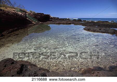 Stock Photo - Hawaii, Lanai, Hulopoe, rocky shore and tidepool.. Fotosearch