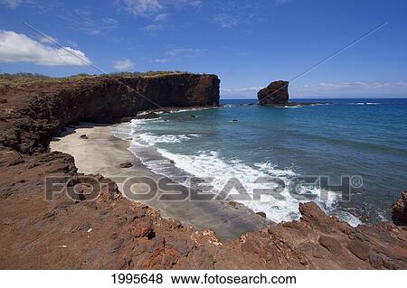Stock Photo - Hawaii, Lanai, Pu'u Pehe, Sweetheart Rock, View Of Rocky Coastline And Beach. Fotosearch