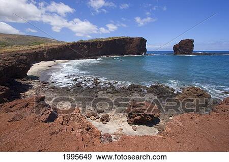 Stock Photo - Hawaii, Lanai, Pu'u Pehe, Sweetheart Rock, View Of Rocky Coastline And Beach. Fotosearch
