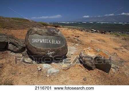 Stock Image - Hawaii, Lanai, Shipwreck Beach, Kaiolohia, Shipwreck Beach Sign on Rock.. Fotosearch