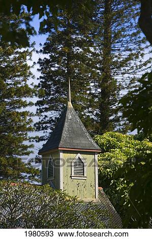Stock Image - Hawaii, Lanai, Steeple Of Church On Grounds Of Lodge At Koele.. Fotosearch