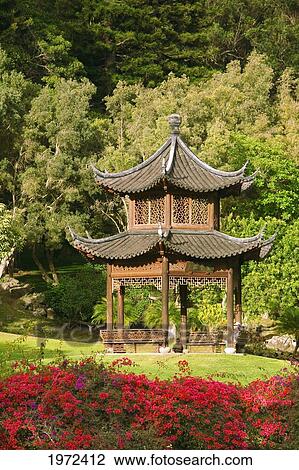 Stock Image - Hawaii, Lanai, The Grounds At The Four Seasons Lodge At Koele, Tourists Sit In Pagoda.. Fotosearch