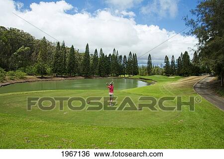 Stock Photograph - Hawaii, Lanai, Woman Playing Golf At The Experience At Koele Golf Course.. Fotosearch