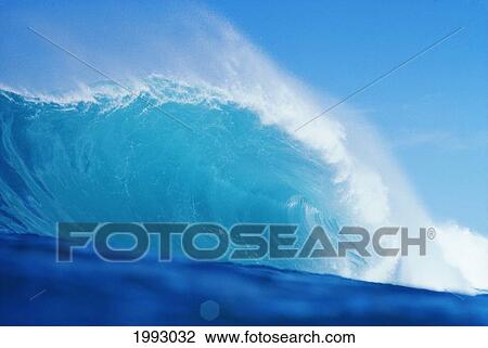 Hawaii, Large Curling Blue Wave Breaks Toward Shoreline. View Large Photo Image Stock Image - Hawaii, Large Curling Blue Wave Breaks Toward Shoreline.. Fotosearch