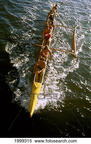 Hawaii, Local Men's Paddling Club, Outrigger Canoe In Ocean, Overhead View View Large Photo Image Stock Photography - Hawaii, Local Men's Paddling Club, Outrigger Canoe In Ocean, Overhead View. Fotosearch
