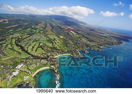 Stock Image - Hawaii, Maui, Aerial Of Kapalua Resort Along The Ocean. Fotosearch