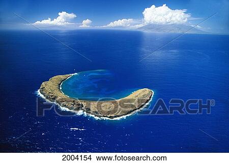 Hawaii, Maui, Aerial Overview Of Molokini Crater Coral Reef Visible, Snorkeling Spot View Large Photo Image Picture - Hawaii, Maui, Aerial Overview Of Molokini Crater Coral Reef Visible, Snorkeling Spot. Fotosearch