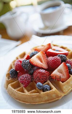 Stock Image - Hawaii, Maui, Balcony, Breakfast Fresh Fruit Waffle And Coffee.. Fotosearch