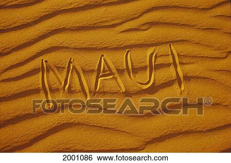 Hawaii, Maui, Close-Up Sand Texture Maui Written In Capital Letters Golden Light View Large Photo Image Stock Photograph - Hawaii, Maui, Close-Up Sand Texture Maui Written In Capital Letters Golden Light. Fotosearch