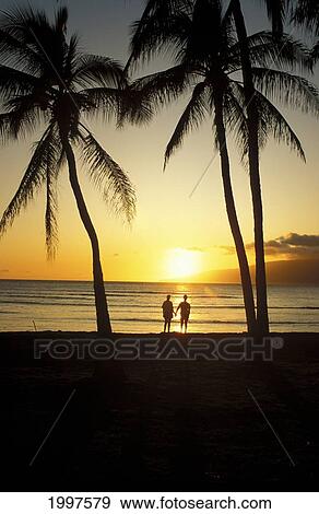 Hawaii, Maui, Couple Enjoys Sunset At Beach, Silhouette View Large Photo Image Stock Photo - Hawaii, Maui, Couple Enjoys Sunset At Beach, Silhouette. Fotosearch