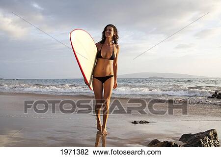 Hawaii, Maui, Female Surfer Walking Along Beach. View Large Photo Image Stock Image - Hawaii, Maui, Female Surfer Walking Along Beach.. Fotosearch