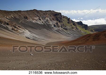 Hawaii, Maui, Haleakala Crater, Mountain and dirt on the crater's floor. View Large Photo Image Stock Photograph - Hawaii, Maui, Haleakala Crater, Mountain and dirt on the crater's floor.. Fotosearch