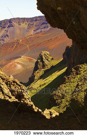 Stock Image - Hawaii, Maui, Haleakala National Park, View Of Haleakala Crater And Cinder Cone From Kalahaku Lookout. Fotosearch