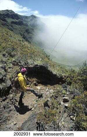 Stock Image - Hawaii, Maui, Haleakala National Park, Kalapawili Ridge Trail Hiker Overlooks Cloud Covering. For Editorial Use Only.. Fotosearch