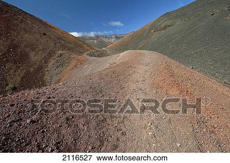 Stock Photo - Hawaii, Maui, Haleakala, The long trail through colorful lava rock and blue sky.. Fotosearch