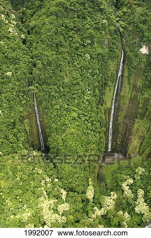 Stock Photo - Hawaii, Maui, Hana Coast, Waihiumalu Waterfall, Two Falls, Green And Lush, View From Above.. Fotosearch