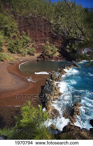 Picture - Hawaii, Maui, Hana, Kaihalulu Beach, Scenic Shot Of Hana's Red Sand Beach.. Fotosearch