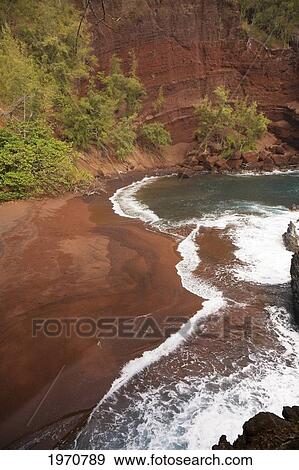 Hawaii, Maui, Hana, Kaihalulu Beach, Scenic Shot Of Hana's Red Sand Beach. View Large Photo Image Stock Photo - Hawaii, Maui, Hana, Kaihalulu Beach, Scenic Shot Of Hana's Red Sand Beach.. Fotosearch