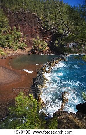 Hawaii, Maui, Hana, Kaihalulu Beach, Scenic Shot Of Hana's Red Sand Beach. View Large Photo Image Stock Photograph - Hawaii, Maui, Hana, Kaihalulu Beach, Scenic Shot Of Hana's Red Sand Beach.. Fotosearch