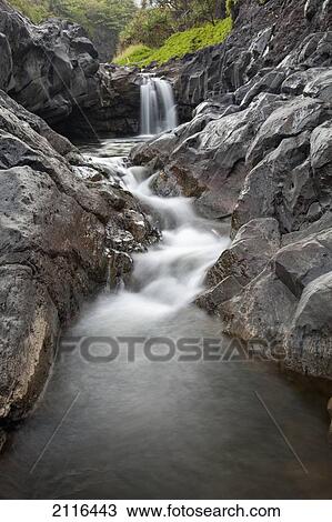 Stock Image - Hawaii, Maui, Hana, Seven Sacred Pools waterfalls.. Fotosearch