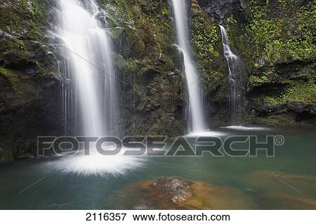 Stock Photo - Hawaii, Maui, Hana, The three Waikani Falls with a clear blue pond on The Road To Hana. Fotosearch