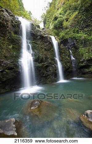 Stock Photo - Hawaii, Maui, Hana, The three Waikani Falls with a clear blue pond on The Road To Hana. Fotosearch